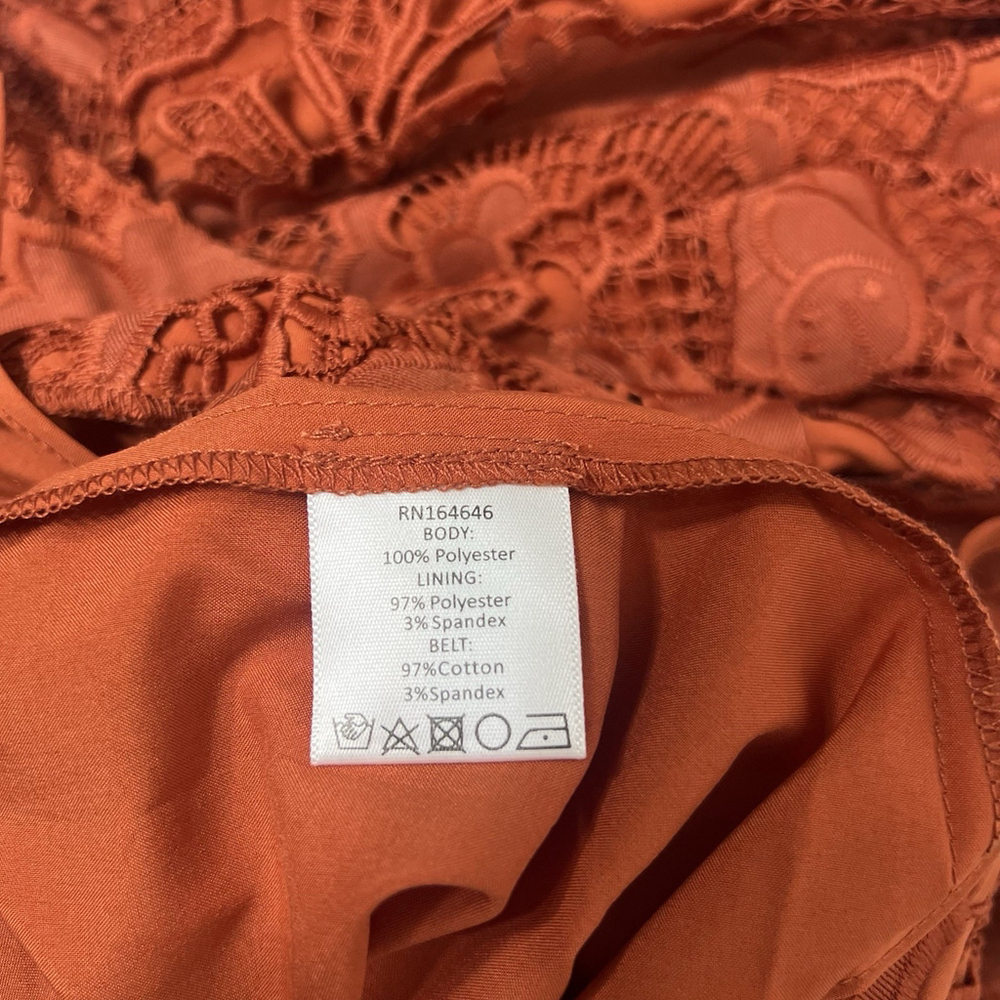 Mestiza New York Vanessa Belted Tiered Guipure Lace Midi Dress Red/Rust 8 Classy - Picture 16 of 16